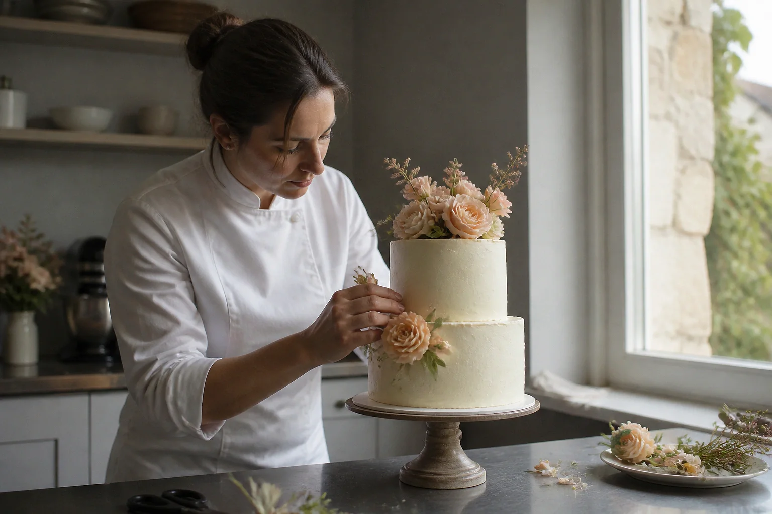 Gâteau de mariage préparé dans un atelier — illustration générée par IA