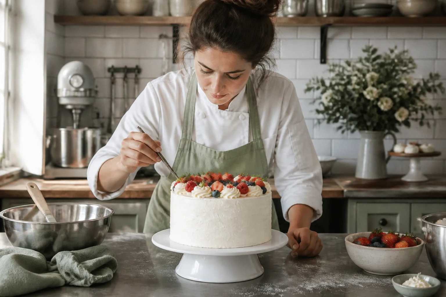 Gâteau de mariage préparé dans un atelier — illustration générée par IA