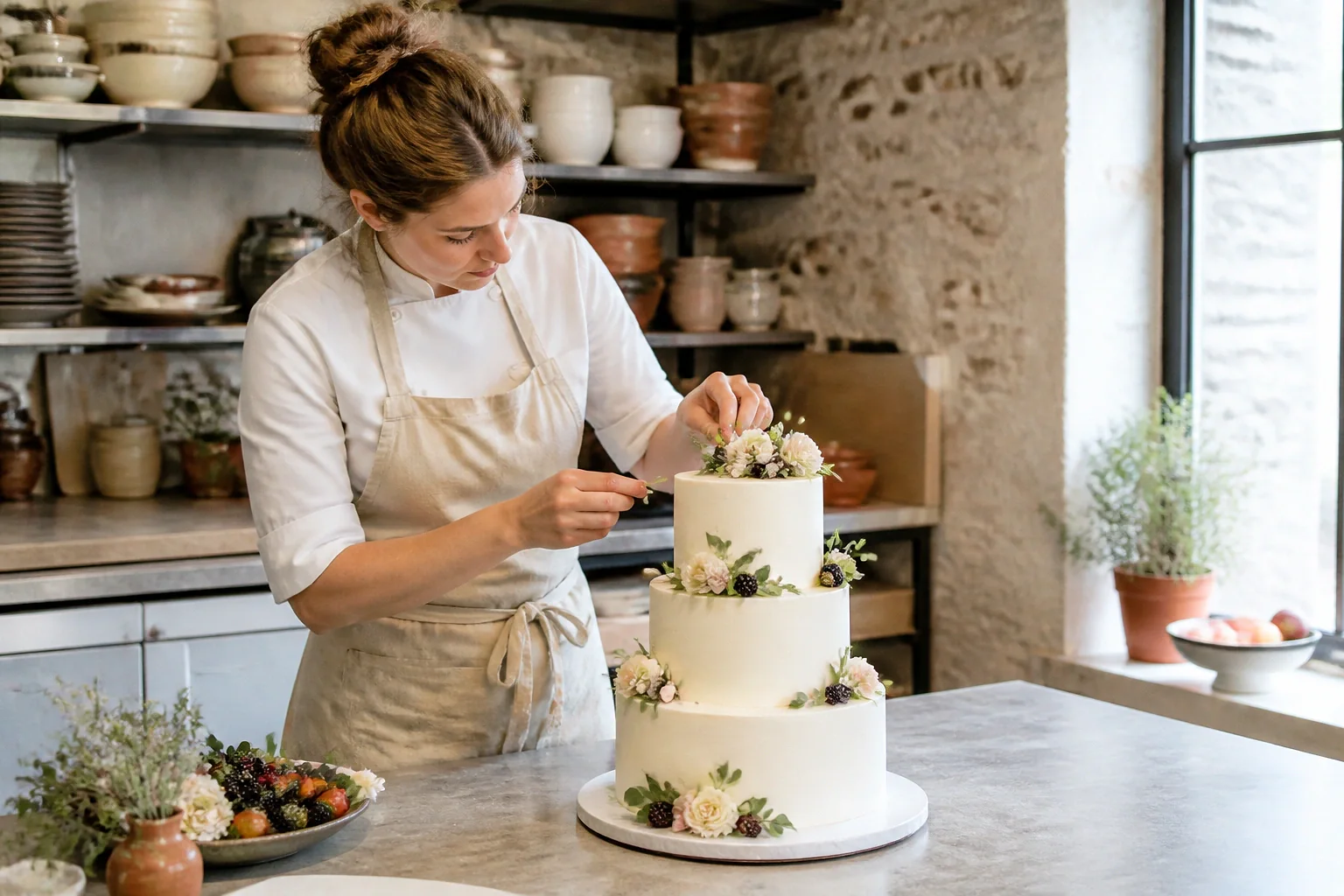 Gâteau de mariage préparé dans un atelier — illustration générée par IA