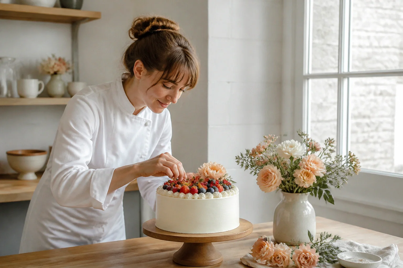 Gâteau de mariage préparé dans un atelier — illustration générée par IA
