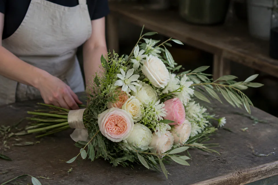 Préparation florale pour un mariage — illustration générée par IA