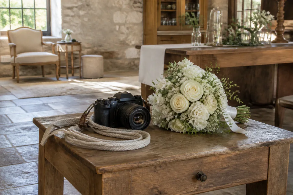 Appareil photo et accessoires de reportage de mariage — illustration générée par IA