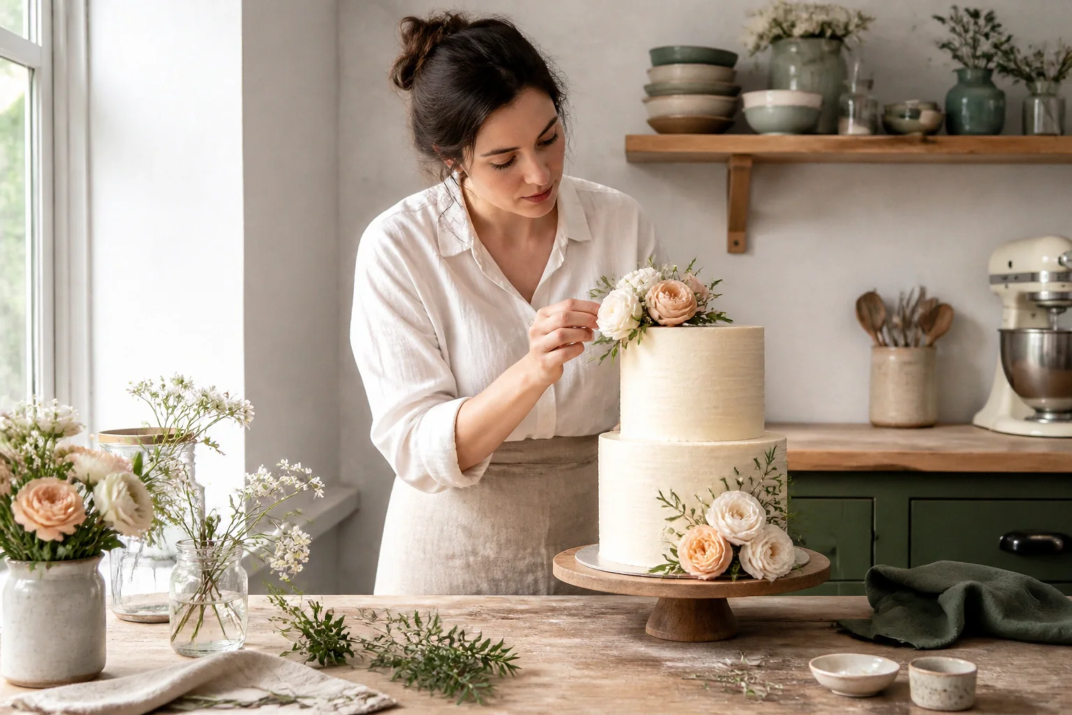 Gâteau de mariage préparé dans un atelier — illustration générée par IA