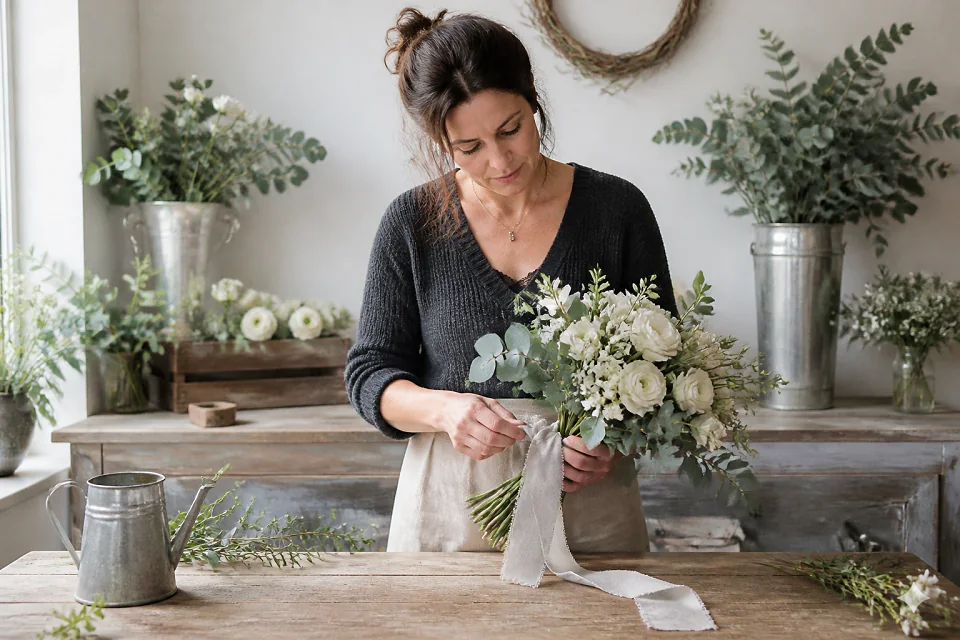 Préparation florale pour un mariage — illustration générée par IA