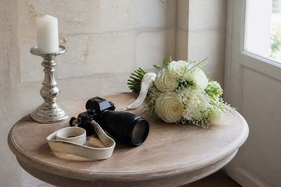 Appareil photo et accessoires de reportage de mariage — illustration générée par IA