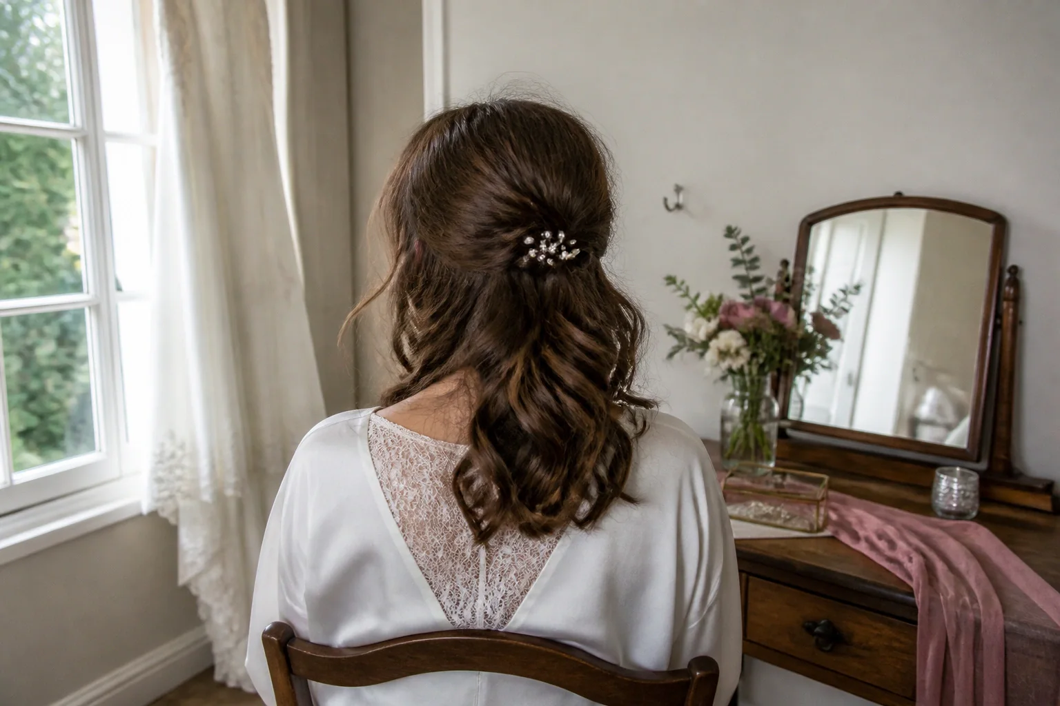 Coiffure de cérémonie vue pendant la préparation — illustration générée par IA