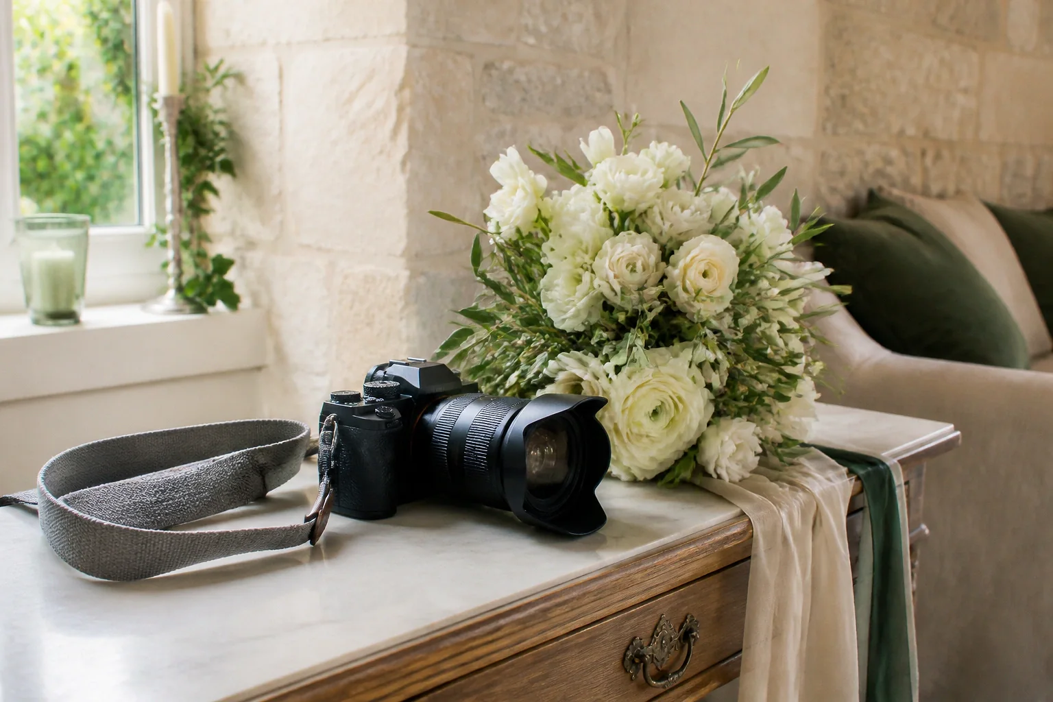 Appareil photo et accessoires de reportage de mariage — illustration générée par IA