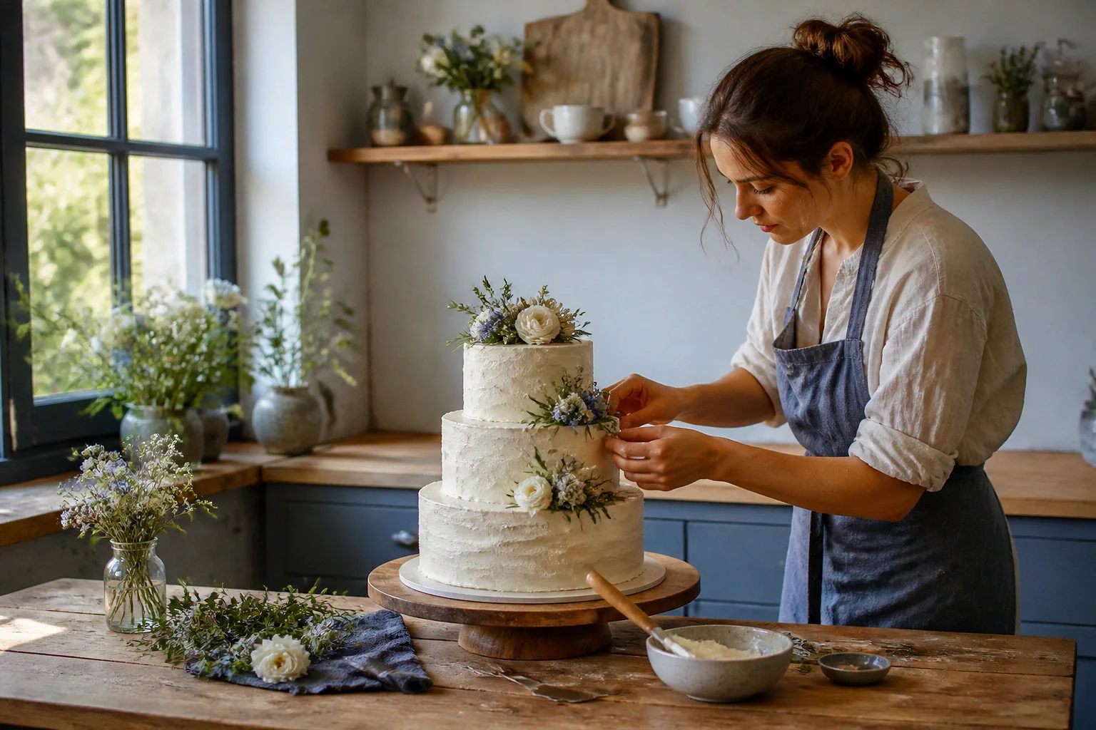 Gâteau de mariage préparé dans un atelier — illustration générée par IA