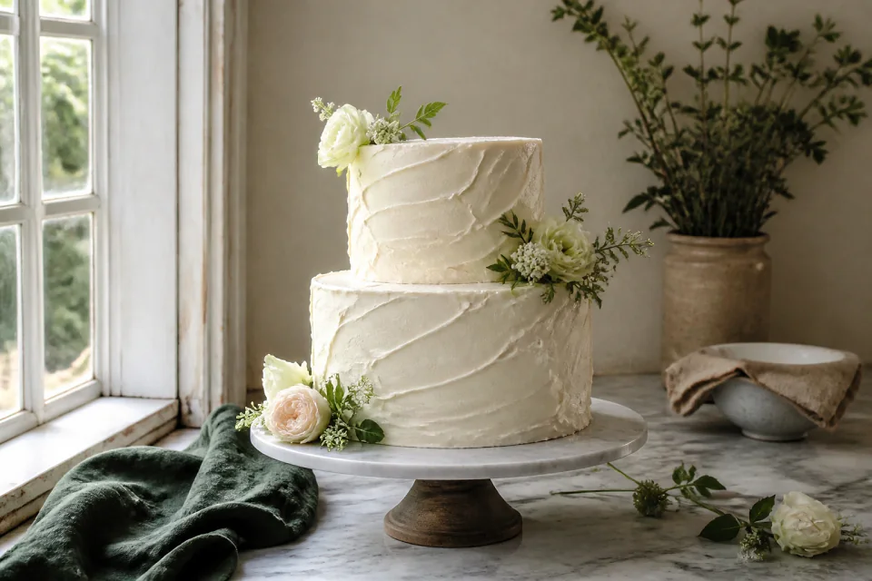 Gâteau de mariage préparé dans un atelier — illustration générée par IA