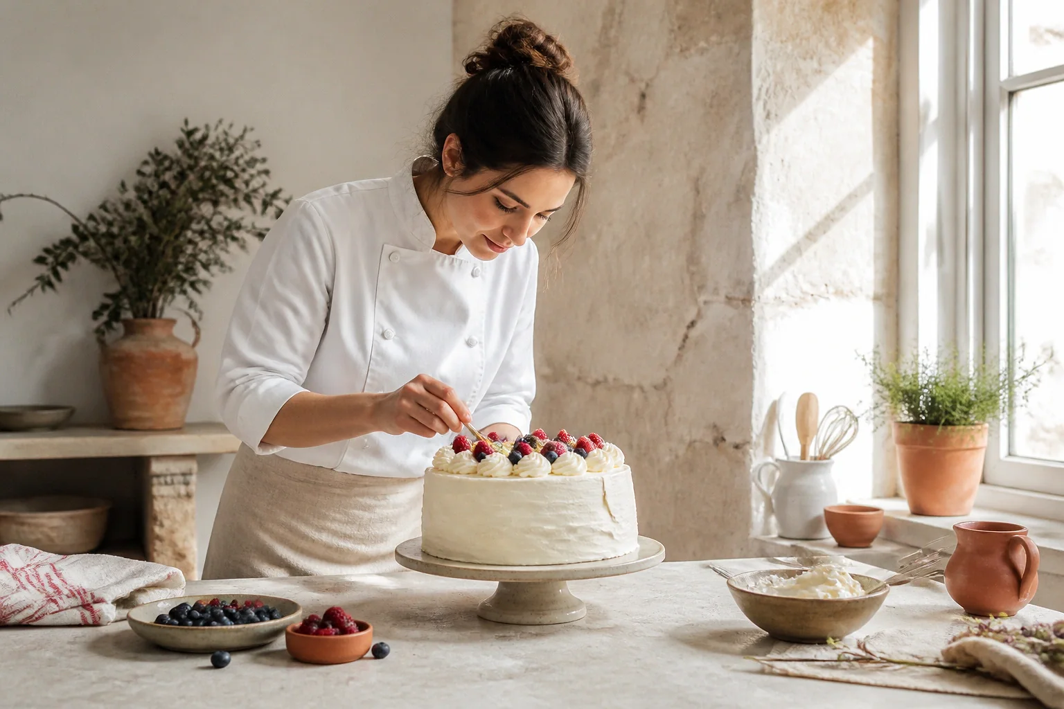 Gâteau de mariage préparé dans un atelier — illustration générée par IA