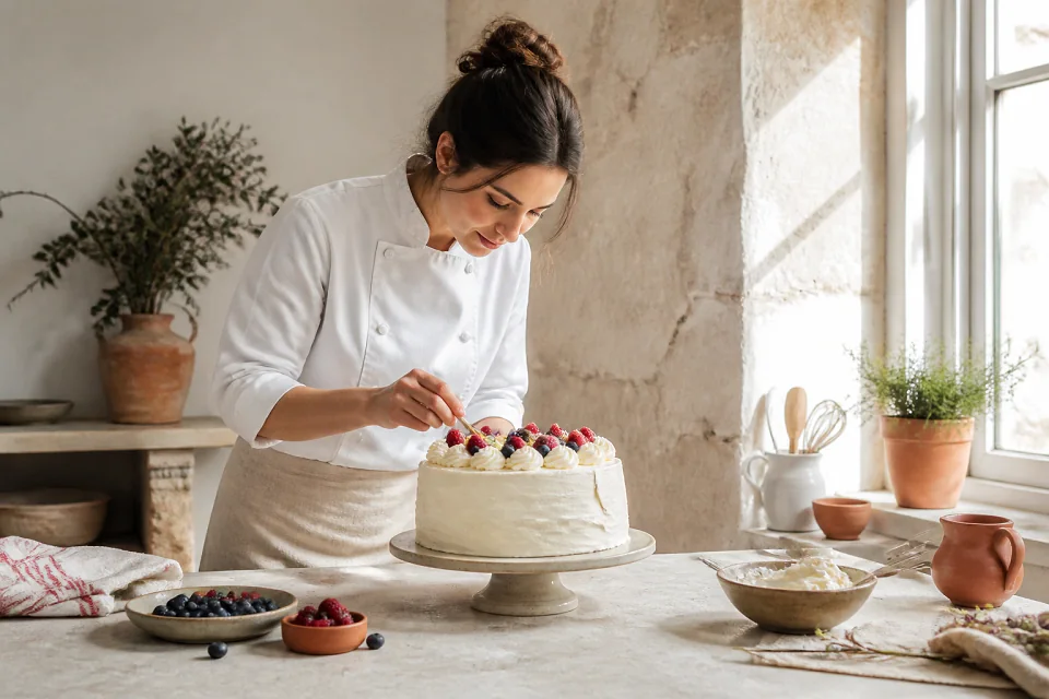 Gâteau de mariage préparé dans un atelier — illustration générée par IA