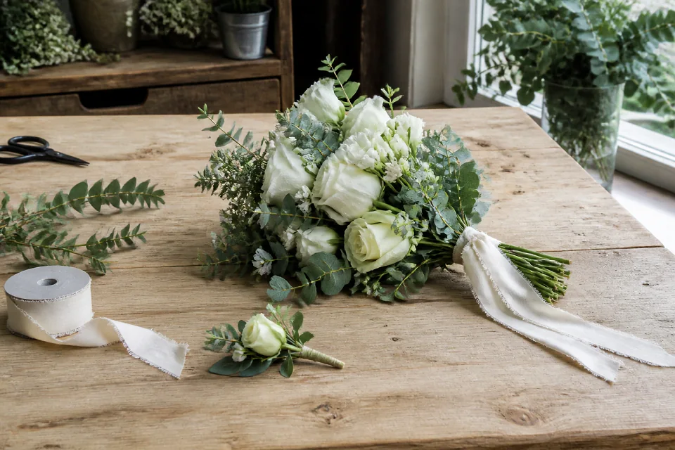 Préparation florale pour un mariage — illustration générée par IA