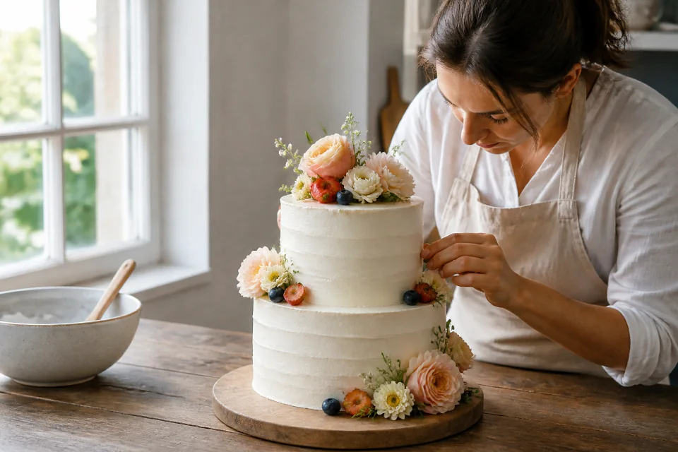 Gâteau de mariage préparé dans un atelier — illustration générée par IA