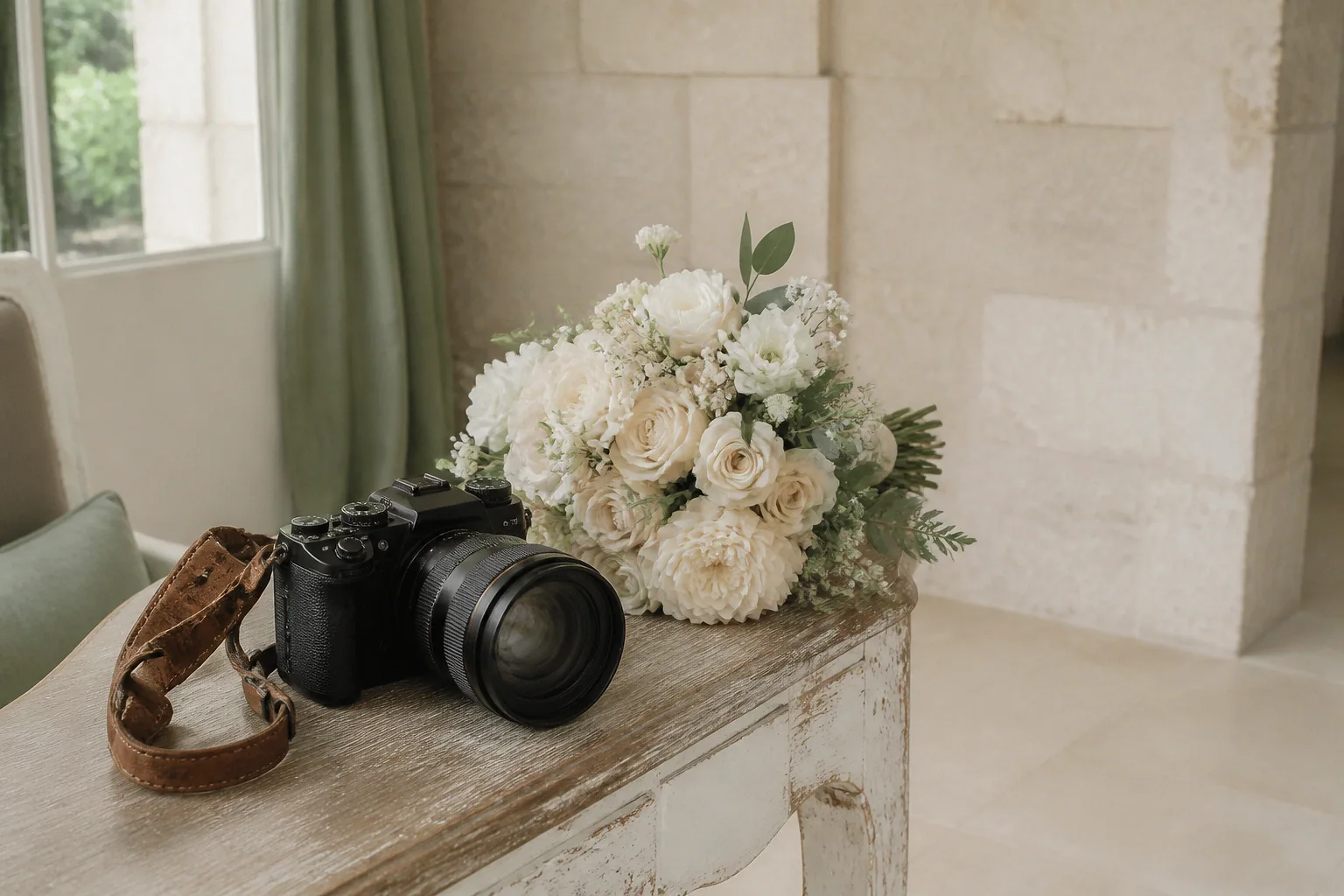 Appareil photo et accessoires de reportage de mariage — illustration générée par IA