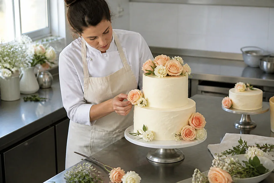 Gâteau de mariage préparé dans un atelier — illustration générée par IA