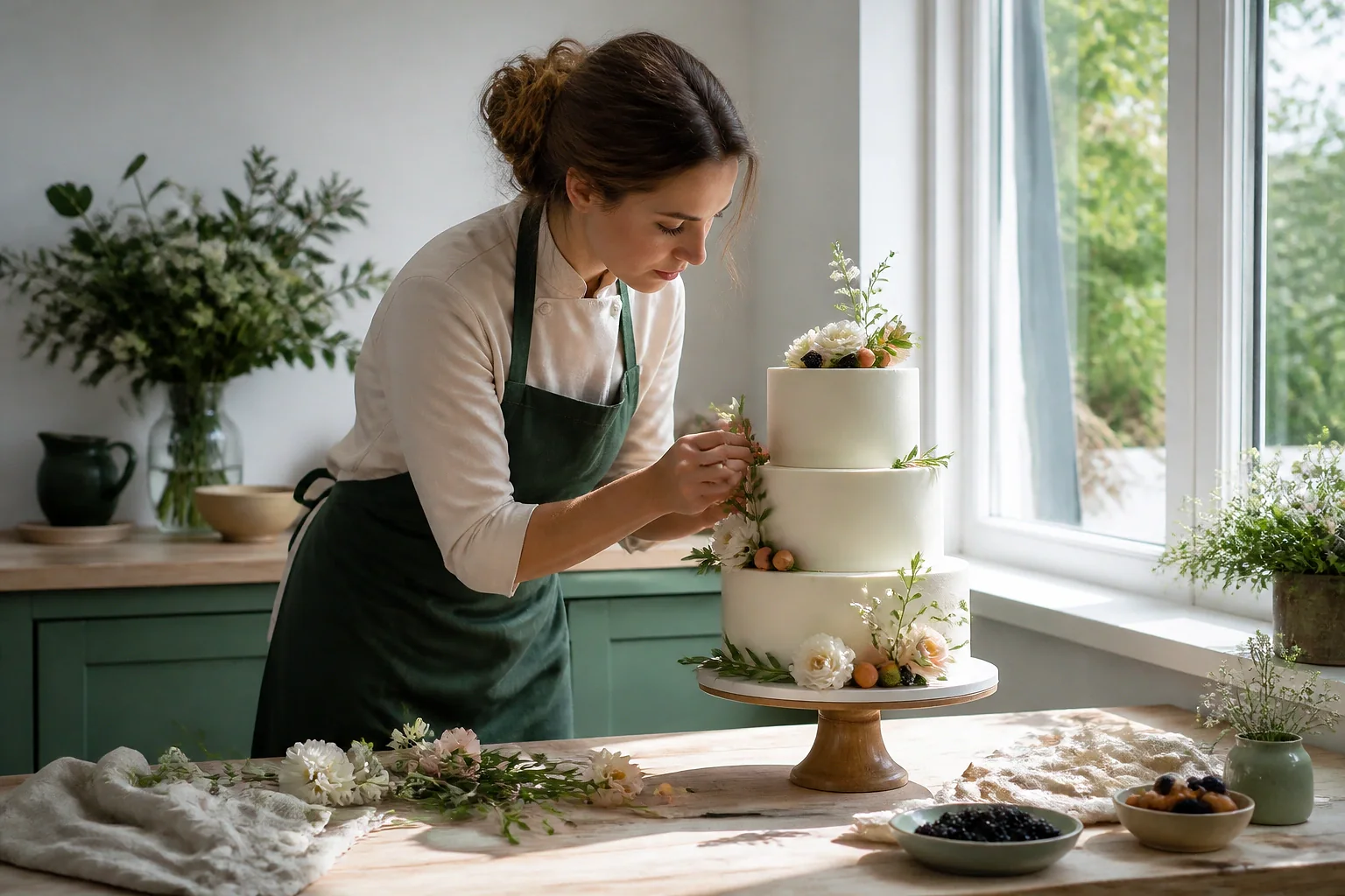 Gâteau de mariage préparé dans un atelier — illustration générée par IA