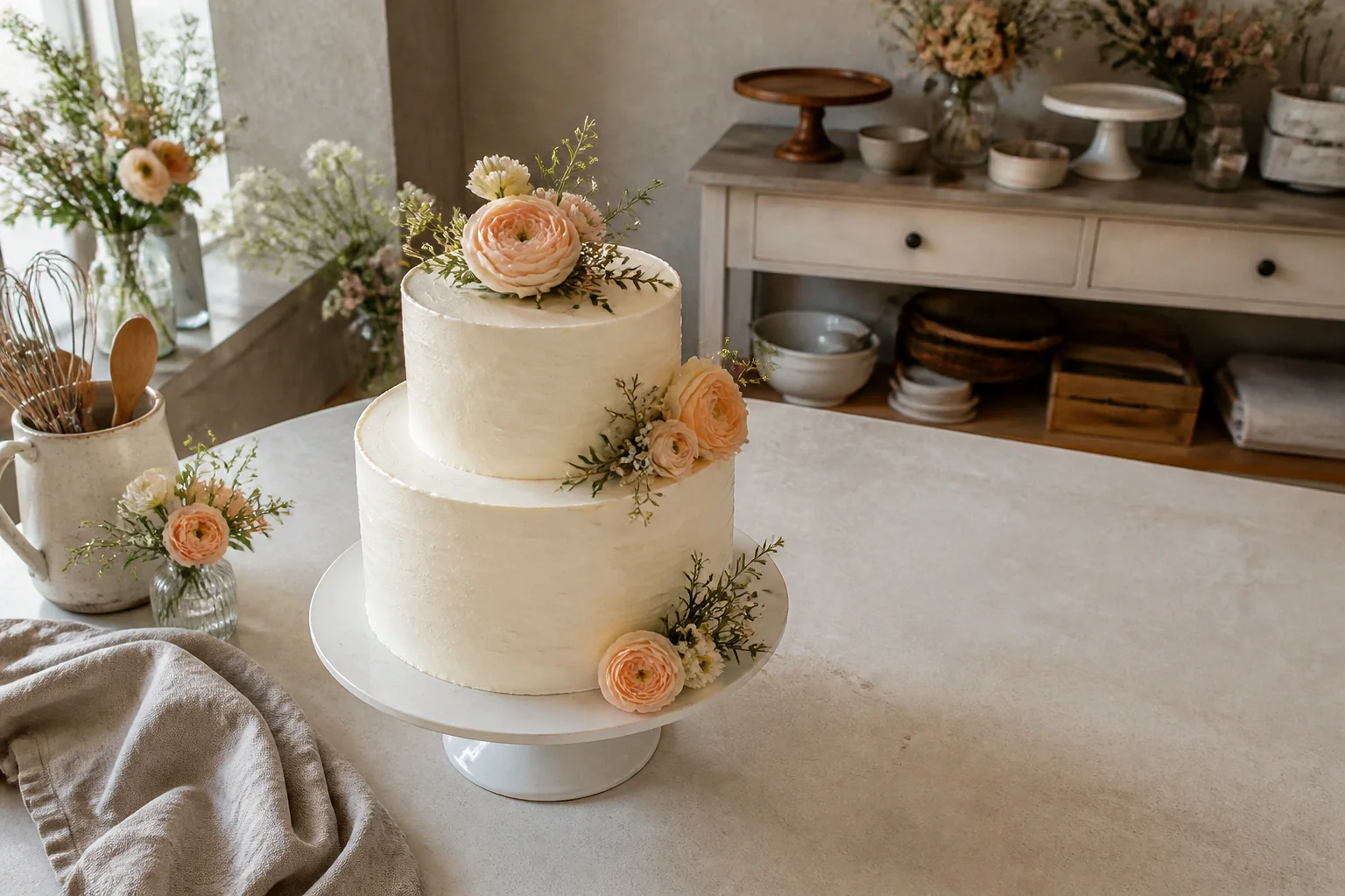 Gâteau de mariage préparé dans un atelier — illustration générée par IA