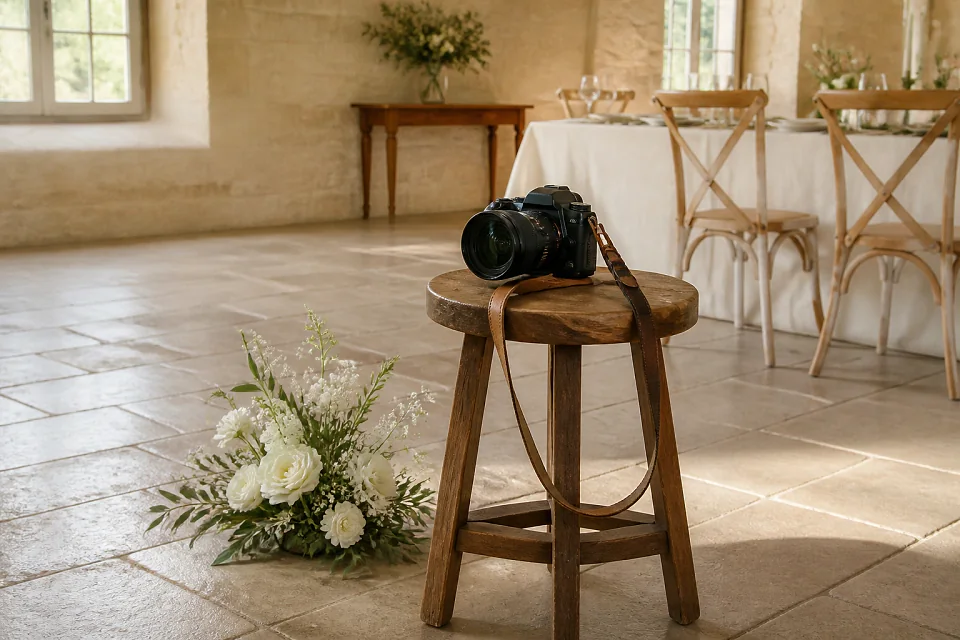 Appareil photo et accessoires de reportage de mariage — illustration générée par IA
