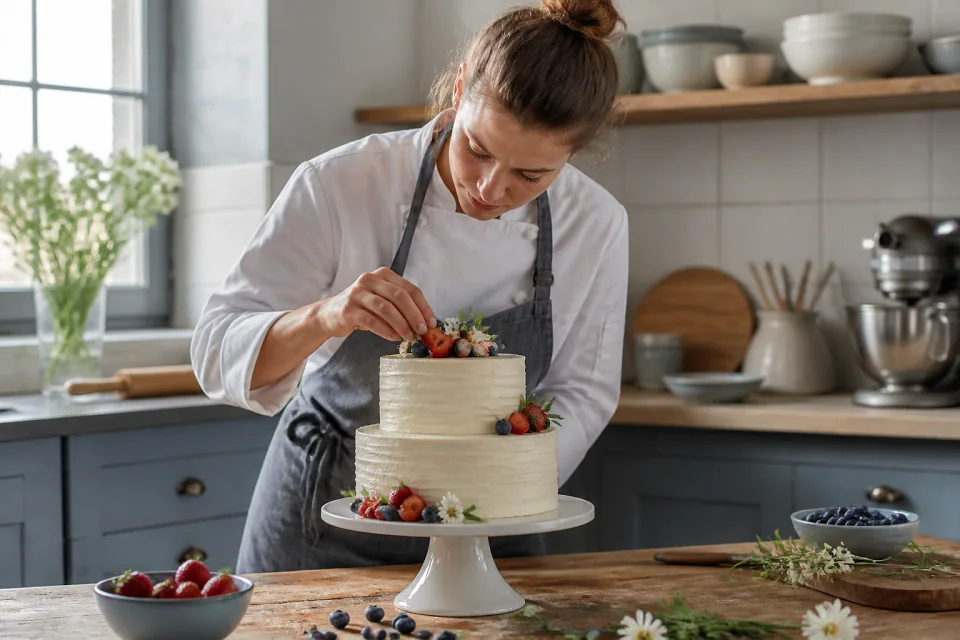 Gâteau de mariage préparé dans un atelier — illustration générée par IA