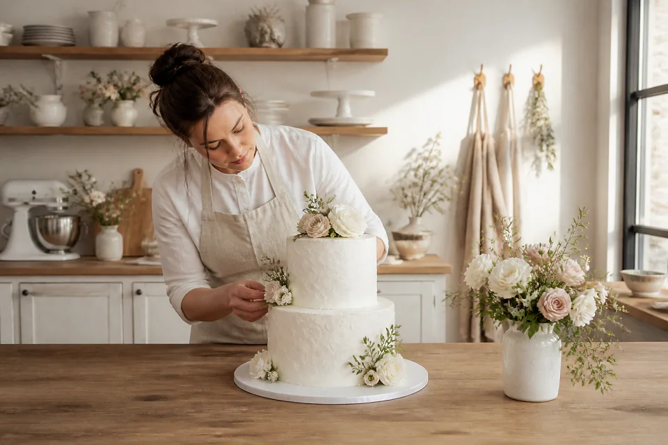 Gâteau de mariage préparé dans un atelier — illustration générée par IA