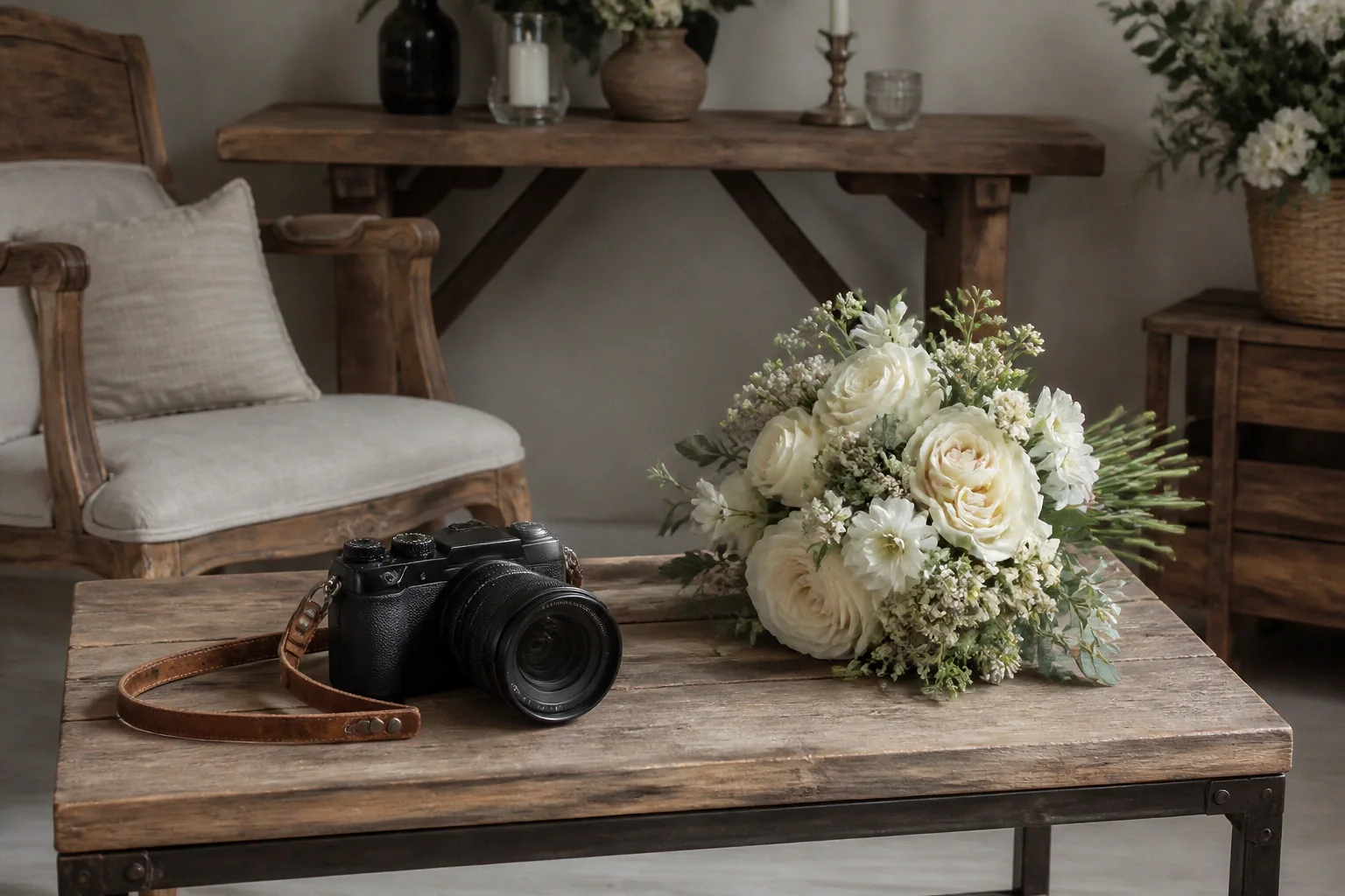 Appareil photo et accessoires de reportage de mariage — illustration générée par IA