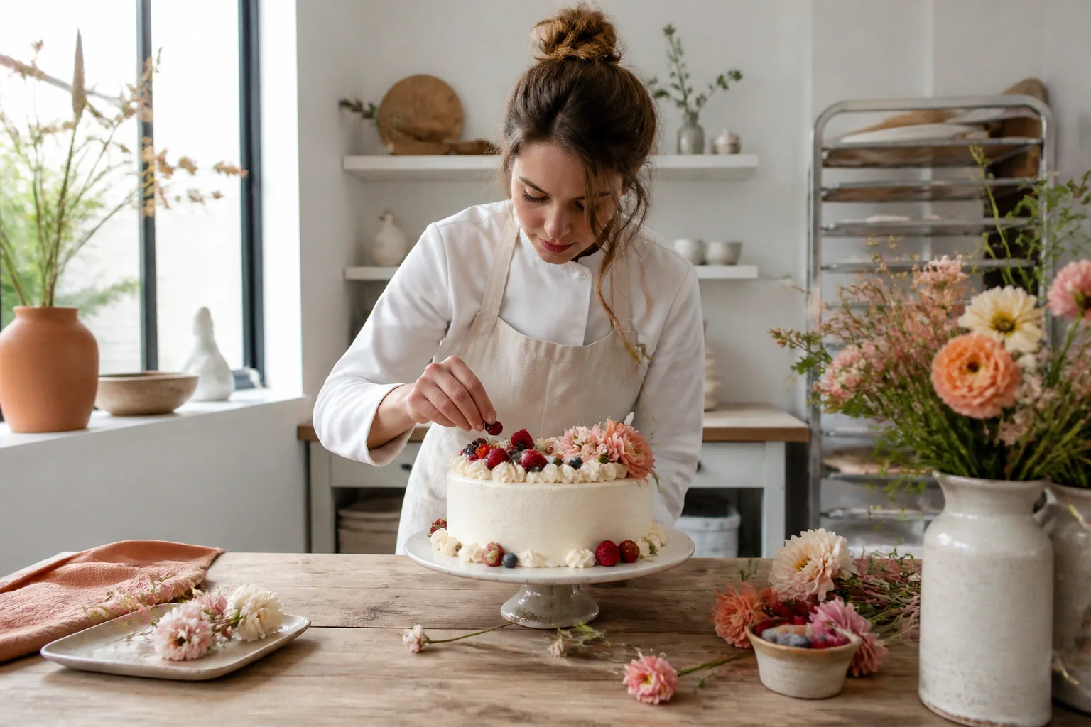 Gâteau de mariage préparé dans un atelier — illustration générée par IA
