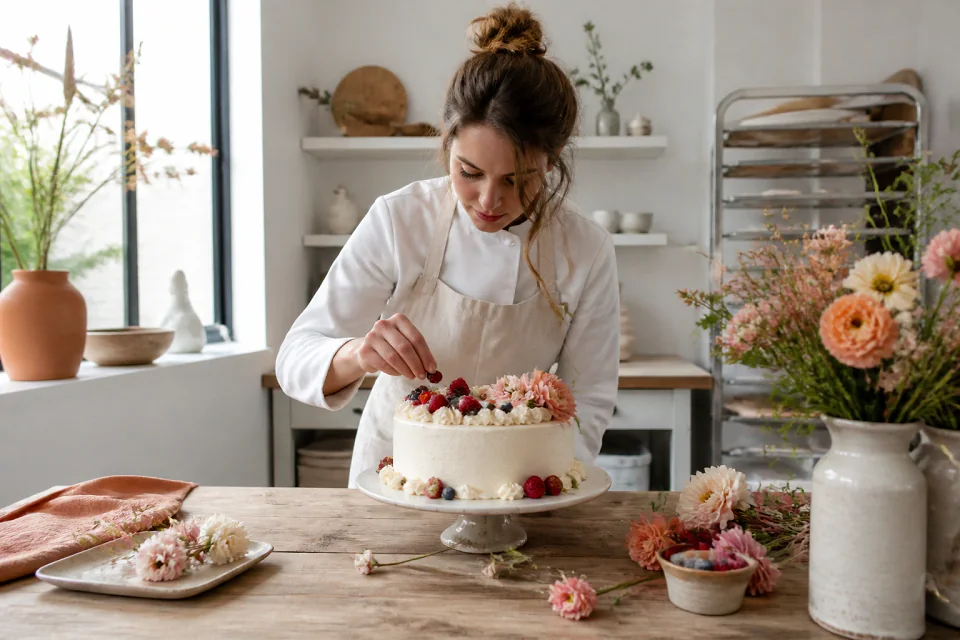 Gâteau de mariage préparé dans un atelier — illustration générée par IA
