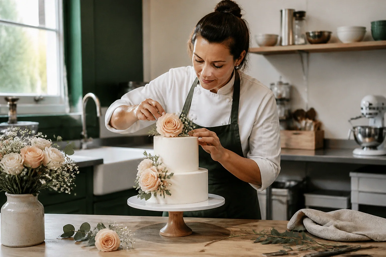 Gâteau de mariage préparé dans un atelier — illustration générée par IA