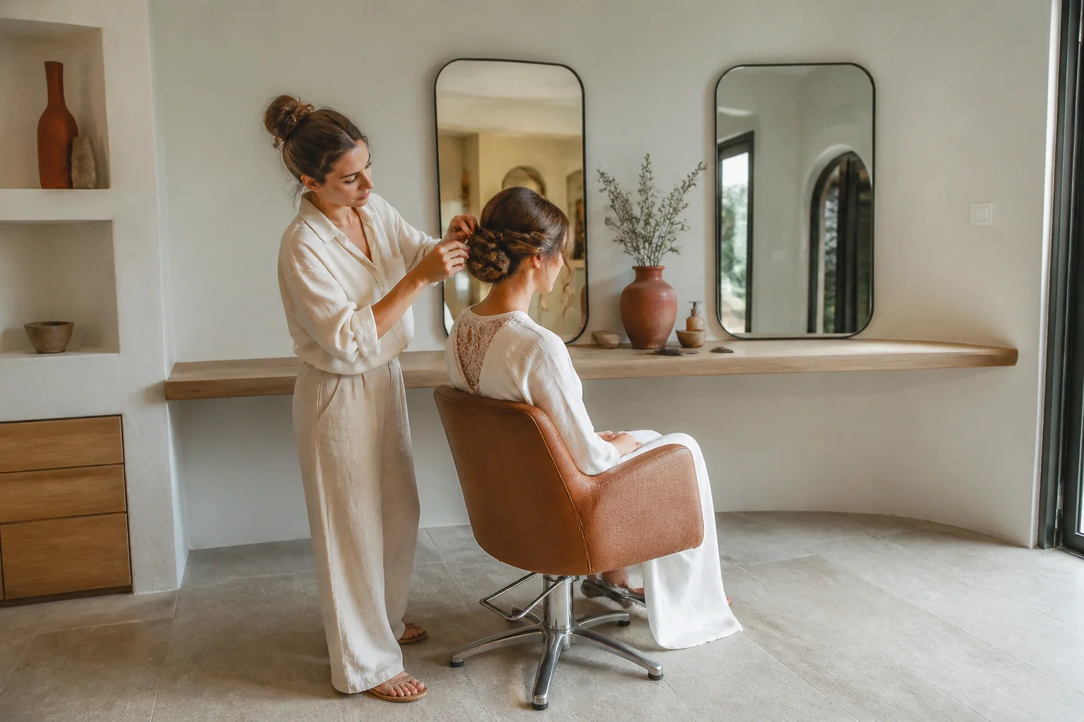 Coiffure de cérémonie vue pendant la préparation — illustration générée par IA