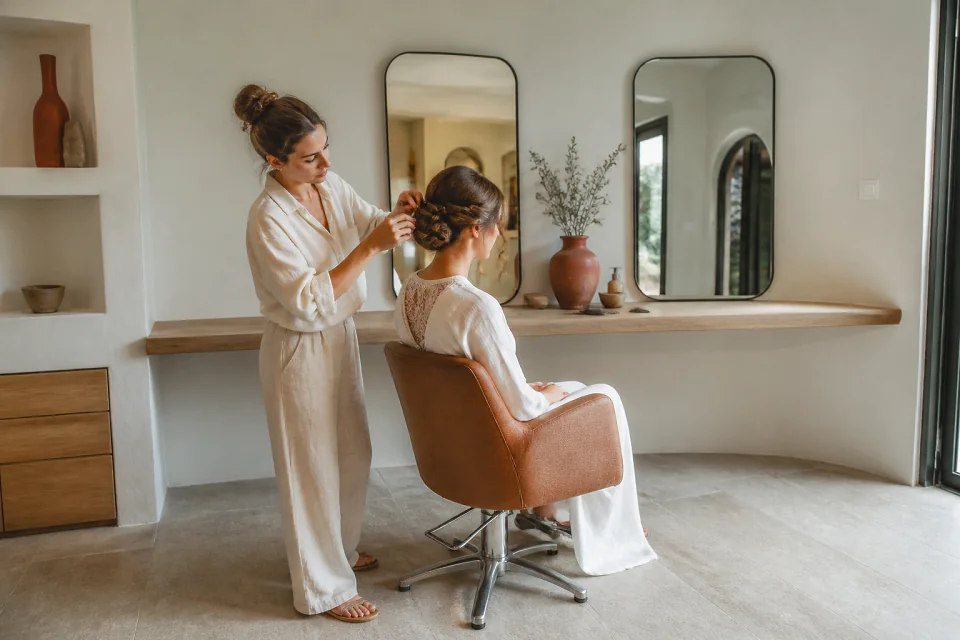 Coiffure de cérémonie vue pendant la préparation — illustration générée par IA