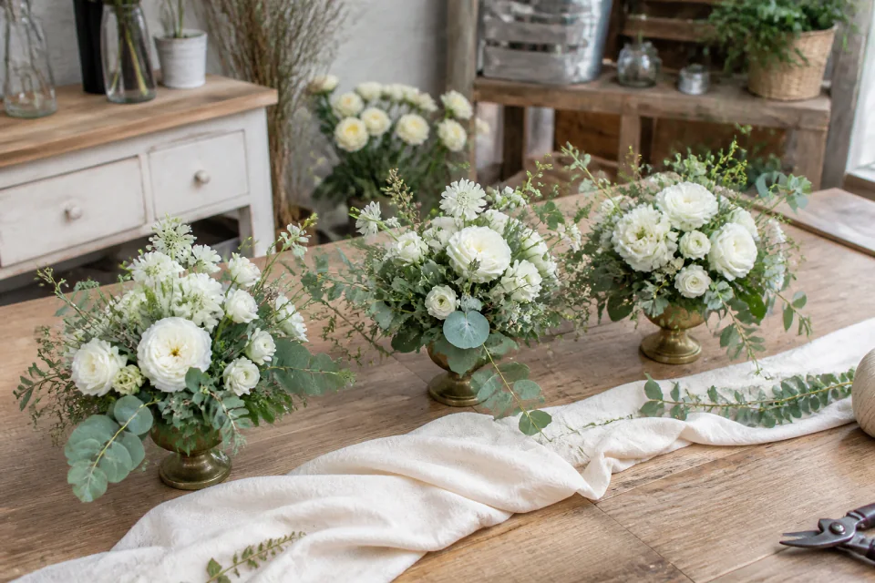 Préparation florale pour un mariage — illustration générée par IA