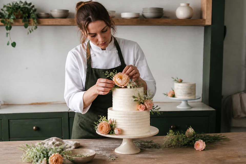 Gâteau de mariage préparé dans un atelier — illustration générée par IA