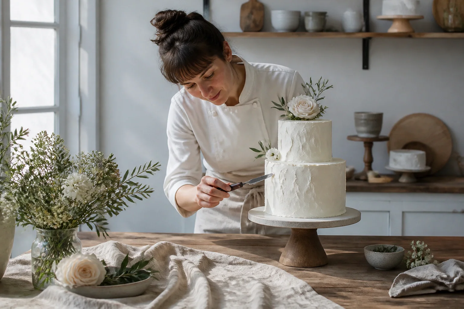 Gâteau de mariage préparé dans un atelier — illustration générée par IA
