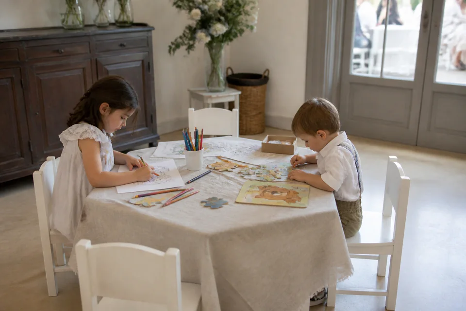 Coin d’activités pour enfants pendant une réception — illustration générée par IA