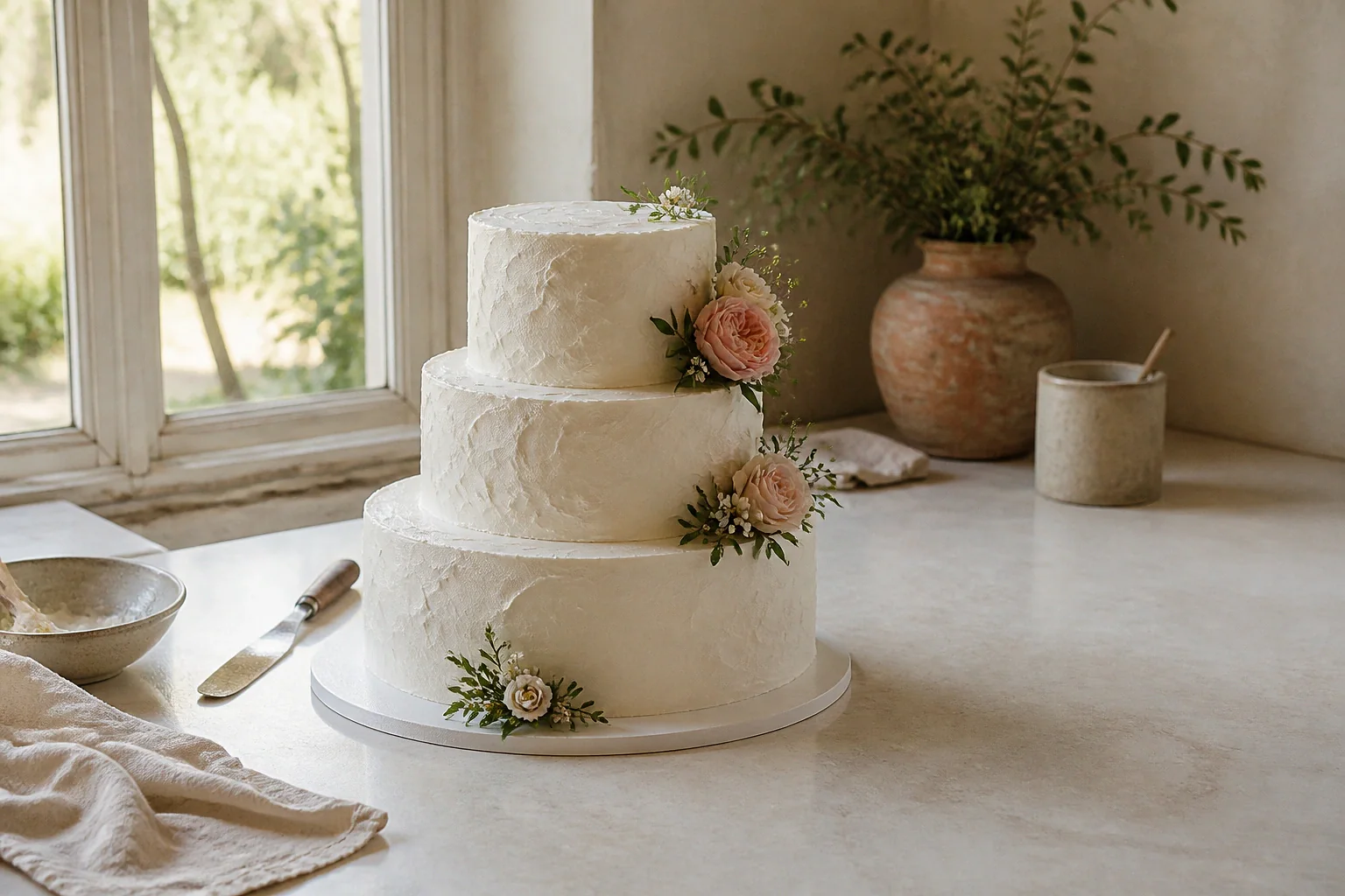 Gâteau de mariage préparé dans un atelier — illustration générée par IA