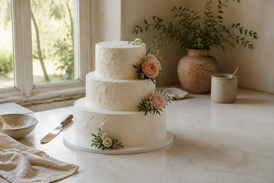 Gâteau de mariage préparé dans un atelier — illustration générée par IA