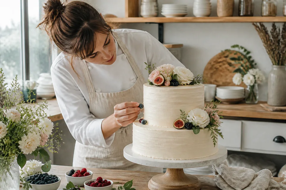Gâteau de mariage préparé dans un atelier — illustration générée par IA