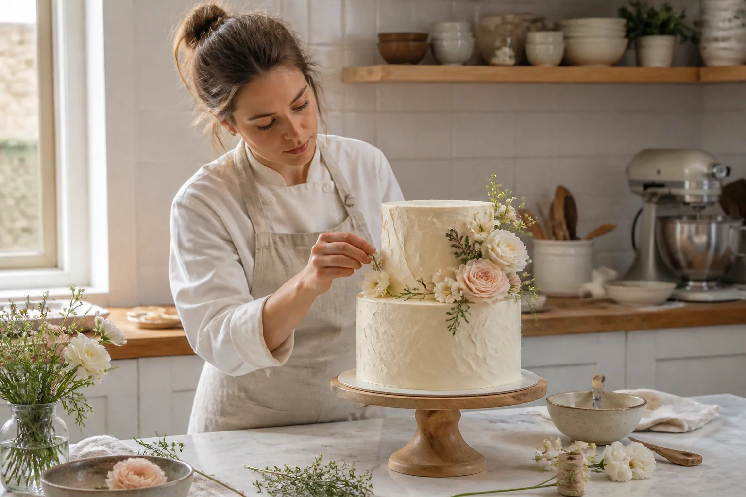 Gâteau de mariage préparé dans un atelier — illustration générée par IA