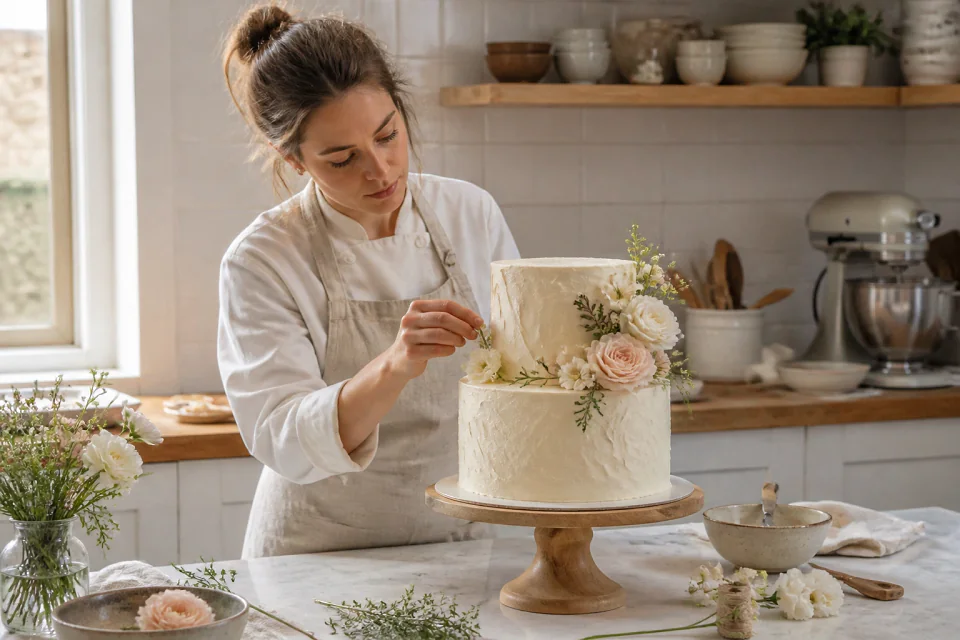 Gâteau de mariage préparé dans un atelier — illustration générée par IA