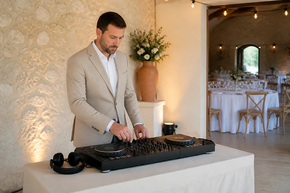 Préparation musicale d’une soirée de mariage — illustration générée par IA