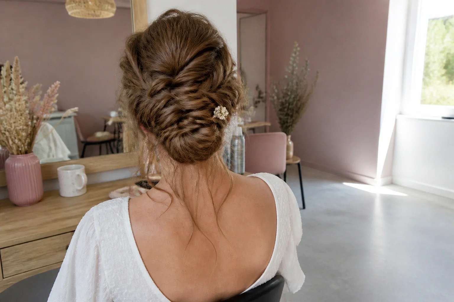 Coiffure de cérémonie vue pendant la préparation — illustration générée par IA