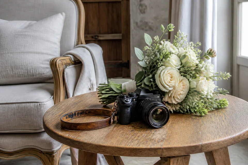 Appareil photo et accessoires de reportage de mariage — illustration générée par IA