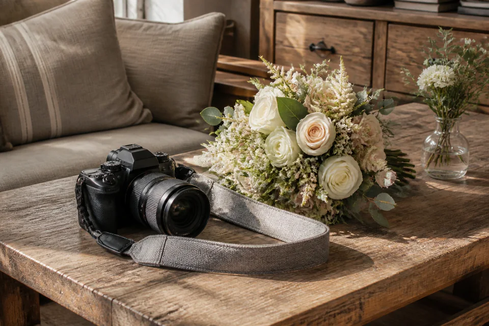 Appareil photo et accessoires de reportage de mariage — illustration générée par IA