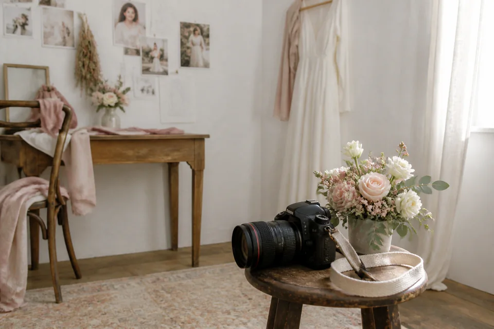 Appareil photo et accessoires de reportage de mariage — illustration générée par IA