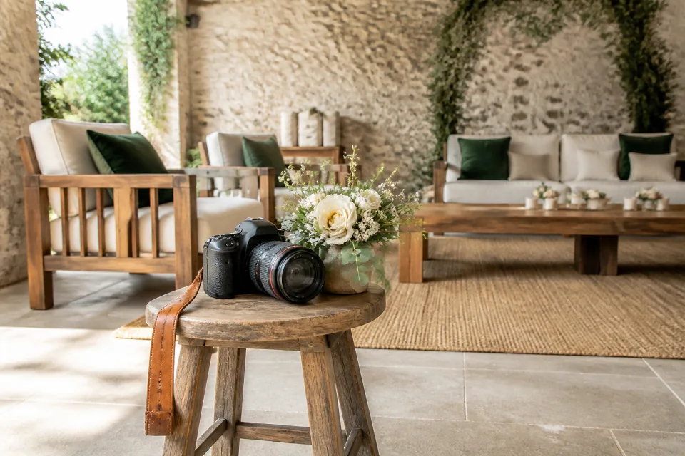 Appareil photo et accessoires de reportage de mariage — illustration générée par IA