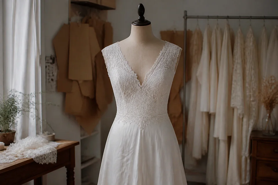 Robe de mariée dans un atelier de confection — illustration générée par IA