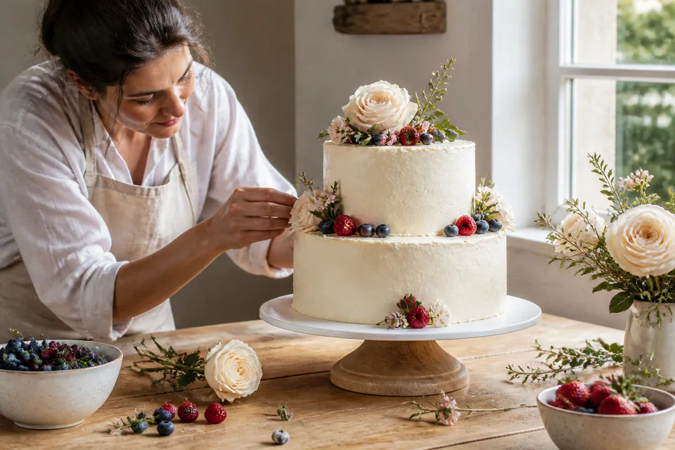 Gâteau de mariage préparé dans un atelier — illustration générée par IA