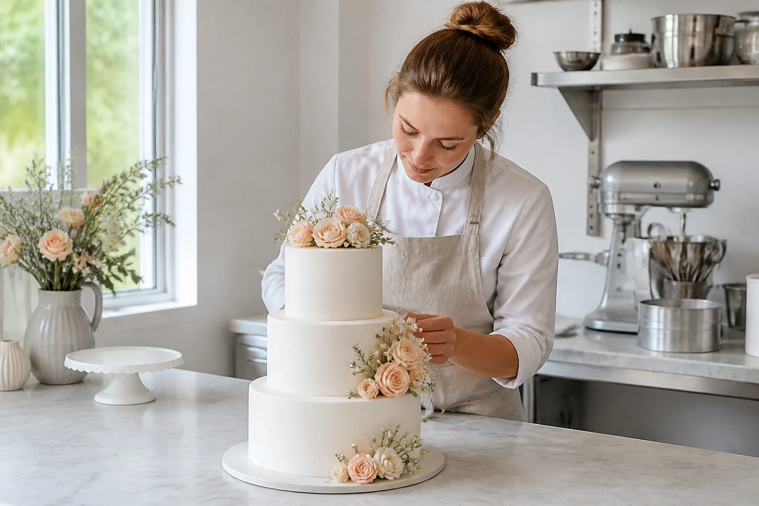Gâteau de mariage préparé dans un atelier — illustration générée par IA
