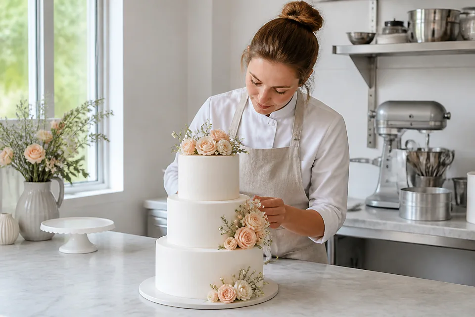 Gâteau de mariage préparé dans un atelier — illustration générée par IA