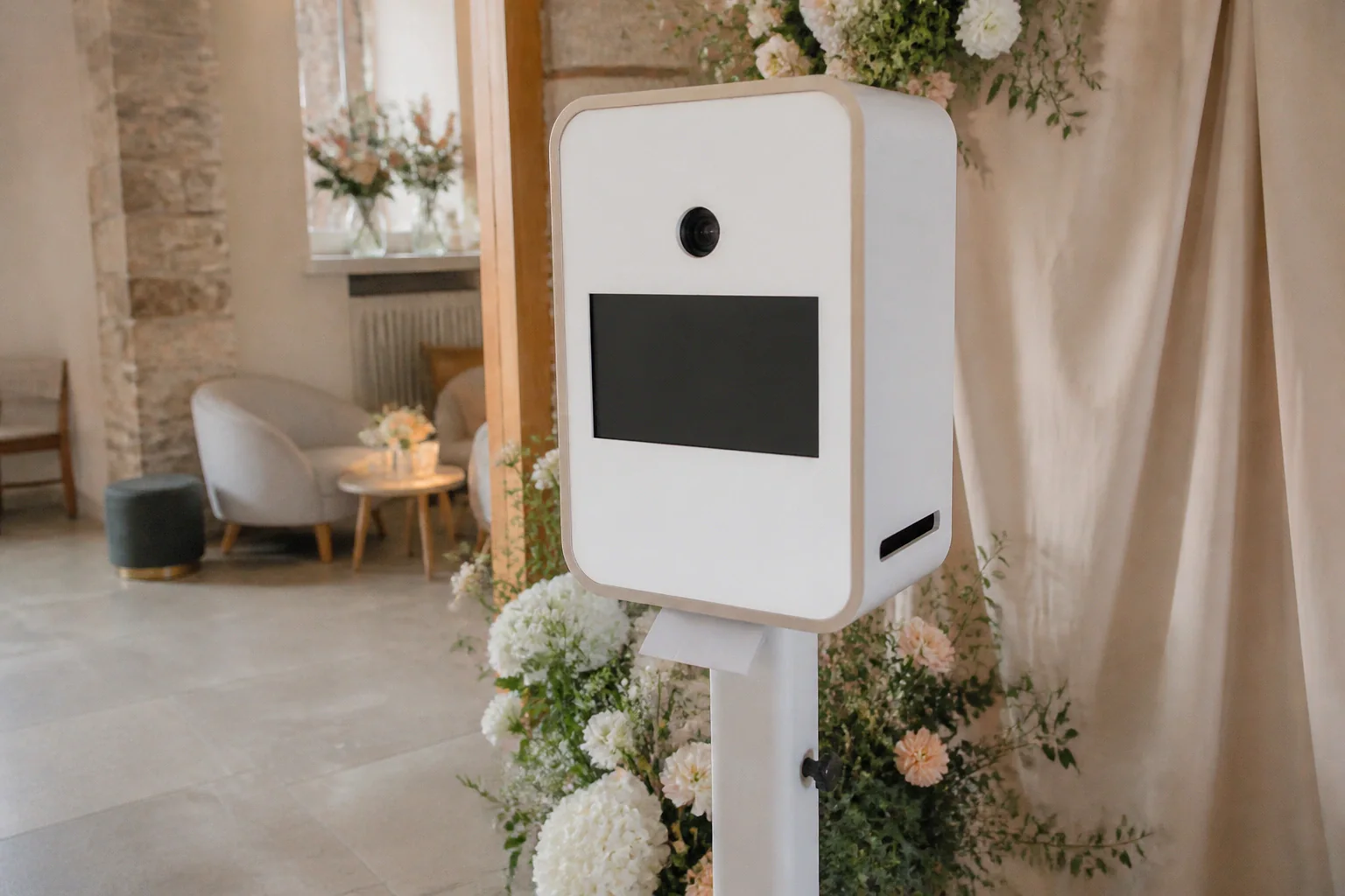 Borne photo installée pour une réception de mariage — illustration générée par IA